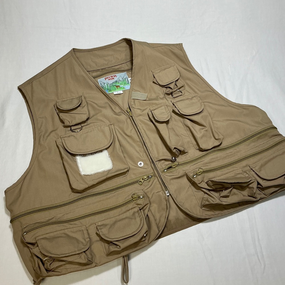 River Run Fishing Vest Utility‎ Multi Pocket Outdoor Full Zip Beige Size XL